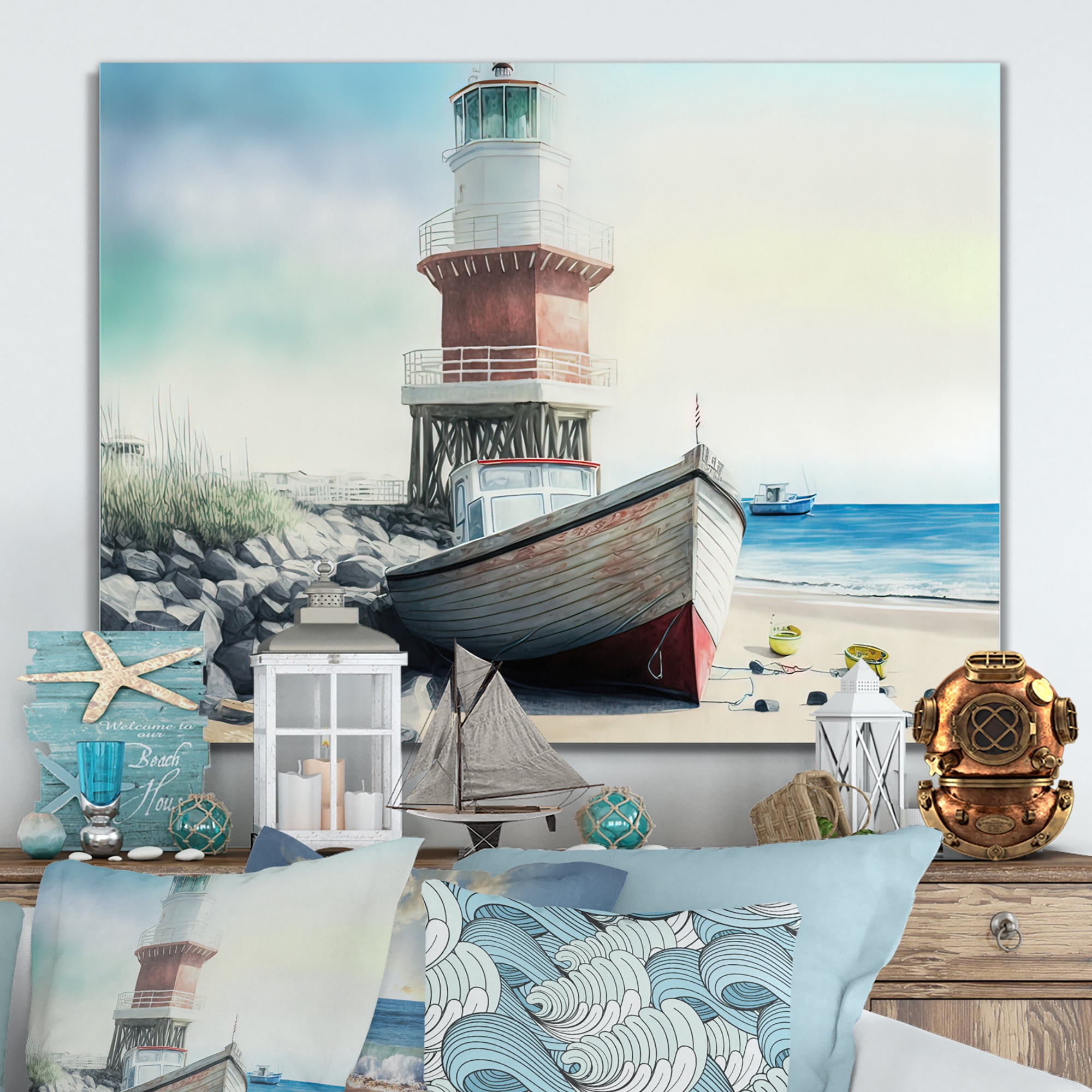 Designart Fishing Boat And Light House III Canvas Wall Art