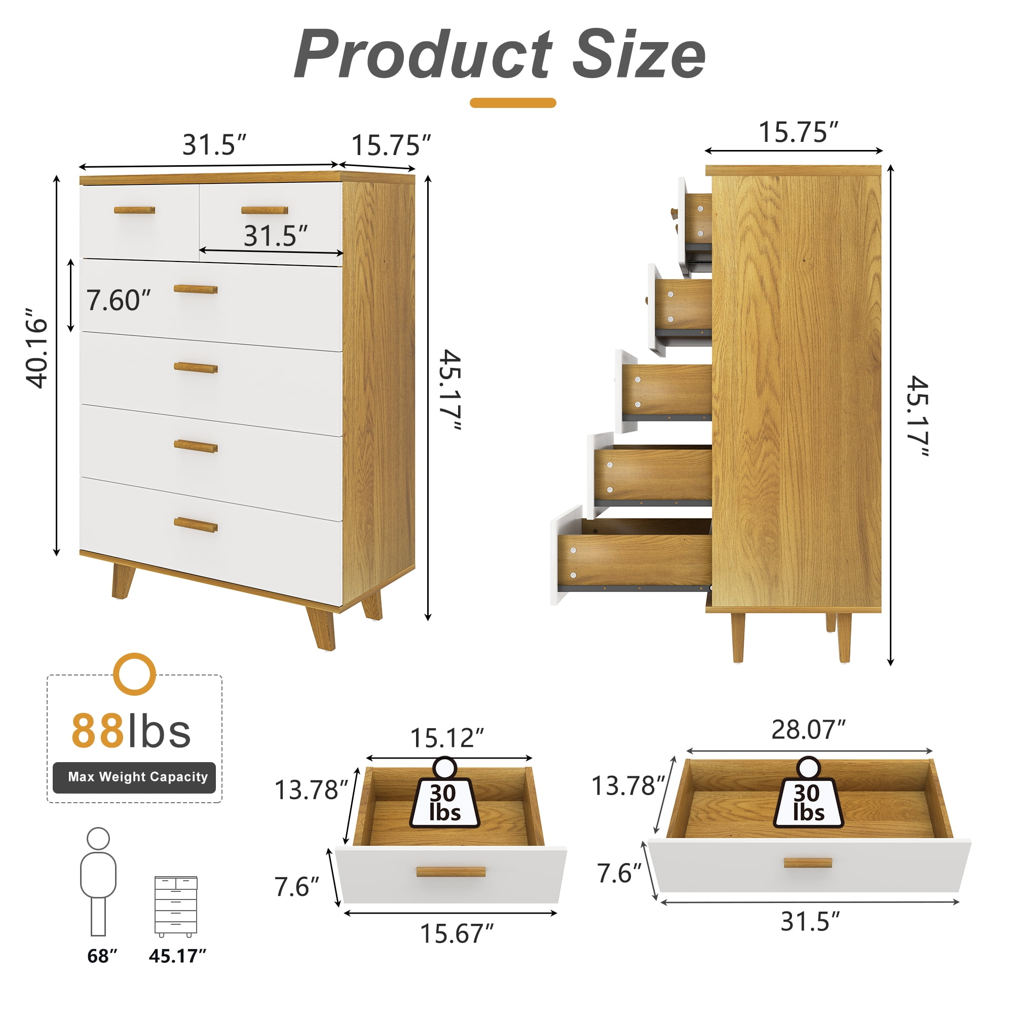 Hommoo 6 Drawers Wood Dresser, Modern Chest of Drawers for Living Room, White