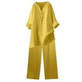 thumbnail image 3 of UVEASISHA Plus Size Linen Set for Women Summer Casual Beach Outfits 2 Piece Long Sleeve Henley V Neck Tops and Wide Leg Pant Sets Yellow XXXXL, 3 of 10