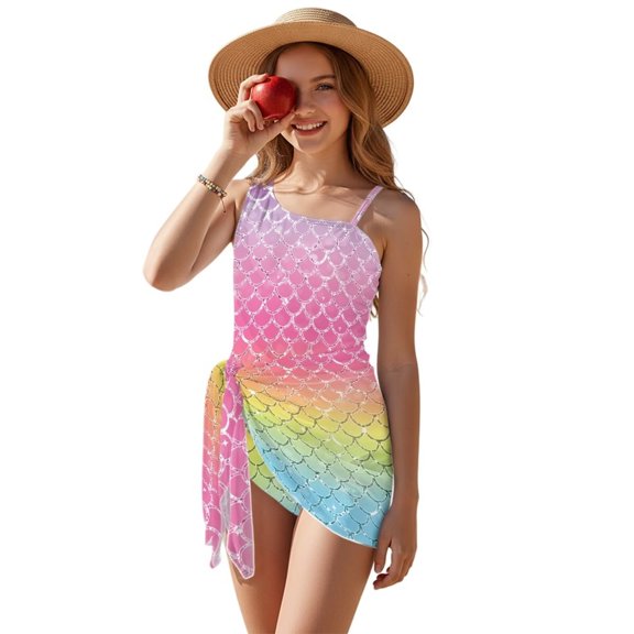 Xixirimido Colorful Mermaid Scale Print Girls Swimsuits Set One Piece Swimsuit with Mesh Cover Up Quick Dry Summer Bathing Suit with Adjustable Strap & Removable Bra, Size 9-10 Years