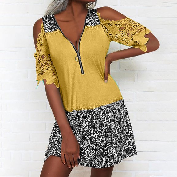 Wycnly Sundresses for Women Short Sleeve V-Neck Western Print Mini Dresses Quarter Zip Sexy Lace Trim Cold Shoulder Tunic Tshirt Summer Dress Yellow m Clearance Under $5