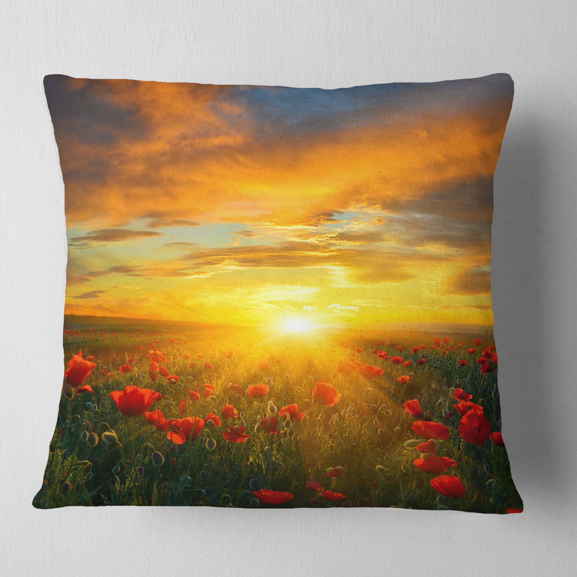 Designart Bright New Day over Poppy Fields - Floral Throw Pillow - 16x16
