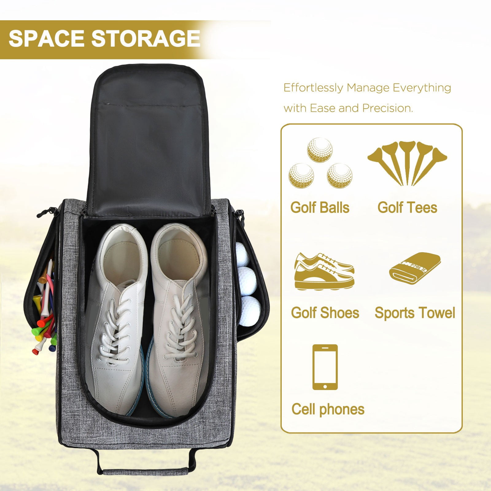 Golf Shoe Bag Breathable Dustproof Oxford Fabric Travel Shoe Case with Pockets Portable Storage Bag for Men Women Gray 14x9.4x6 Inches