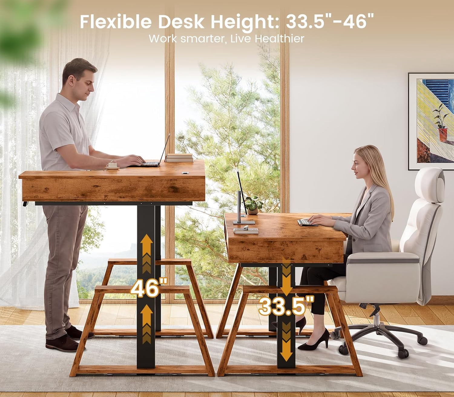 Modern Standing Desk with Drawers, Height Adjustable Computer Desk with Power Outlets, LED Lights & Monitor Stand, Stand Up Corner Gaming Desk, Home Office Desk with Storage, Rustic Brown