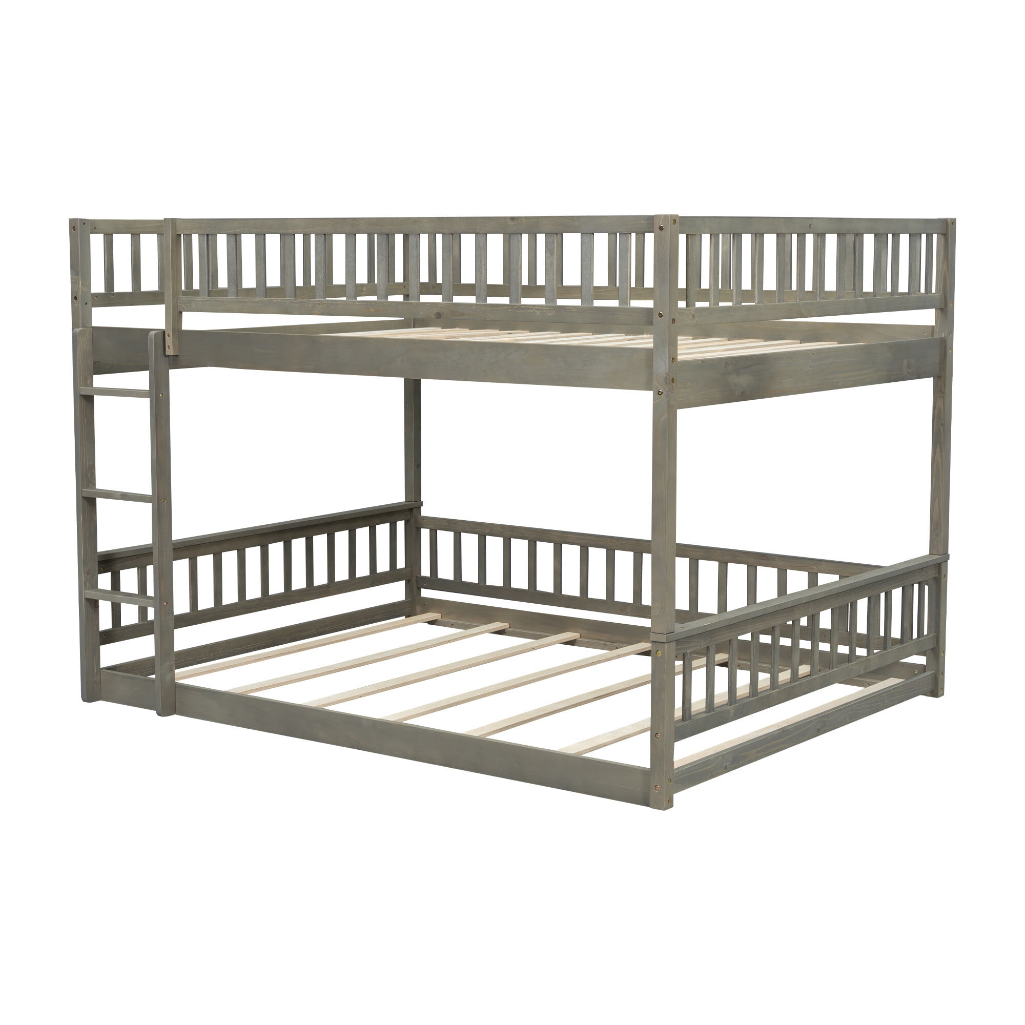 Euroco Wood Queen over Queen Bunk Bed with Ladder and Guardrails, Gray