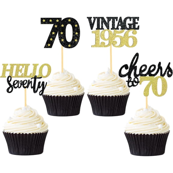 Black & Gold 70th Birthday Glitter Cupcake Toppers, 12pcs Vintage 1956 Cheers to 70 Hello Seventy Cupcake Picks for 70th Birthday Party Decorations