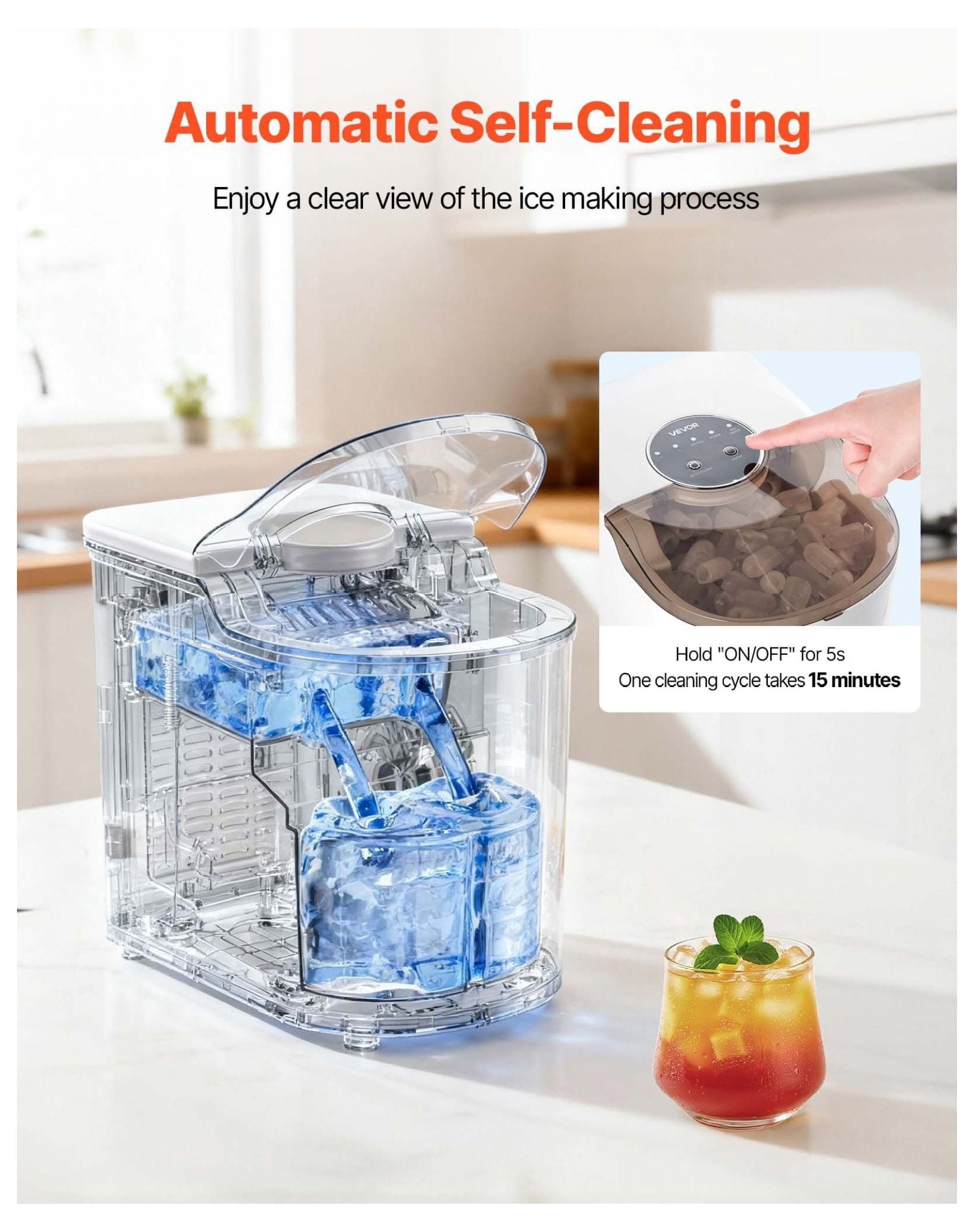 Countertop Ice Maker - 26lbs/Day, 6 Mins Ice, Self-Cleaning, Portable Ice Machine with Scoop - Small/Large Bullet Ice for Home, Kitchen, Bar, Office
