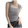 thumbnail image 1 of Plus Size T Shirts Women Ladies Ribbed Square Neck Tank Tops Backless Sleeveless Tops Basic Summer Womens Tshirts Grey XXL, 1 of 4