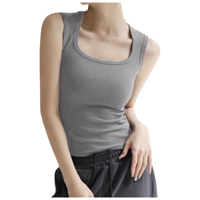 Plus Size T Shirts Women Ladies Ribbed Square Neck Tank Tops Backless Sleeveless Tops Basic Summer Womens Tshirts Grey XXL