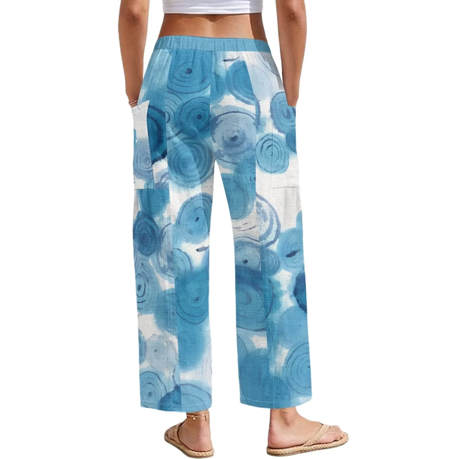 Yuyamidu Chinese Blue Wave Women's Linen Casual Pants Petite Size M Relaxed Fit Flowy Travel Pants Drawstring Lounge Palazzo Trousers Chinese Print Outfits