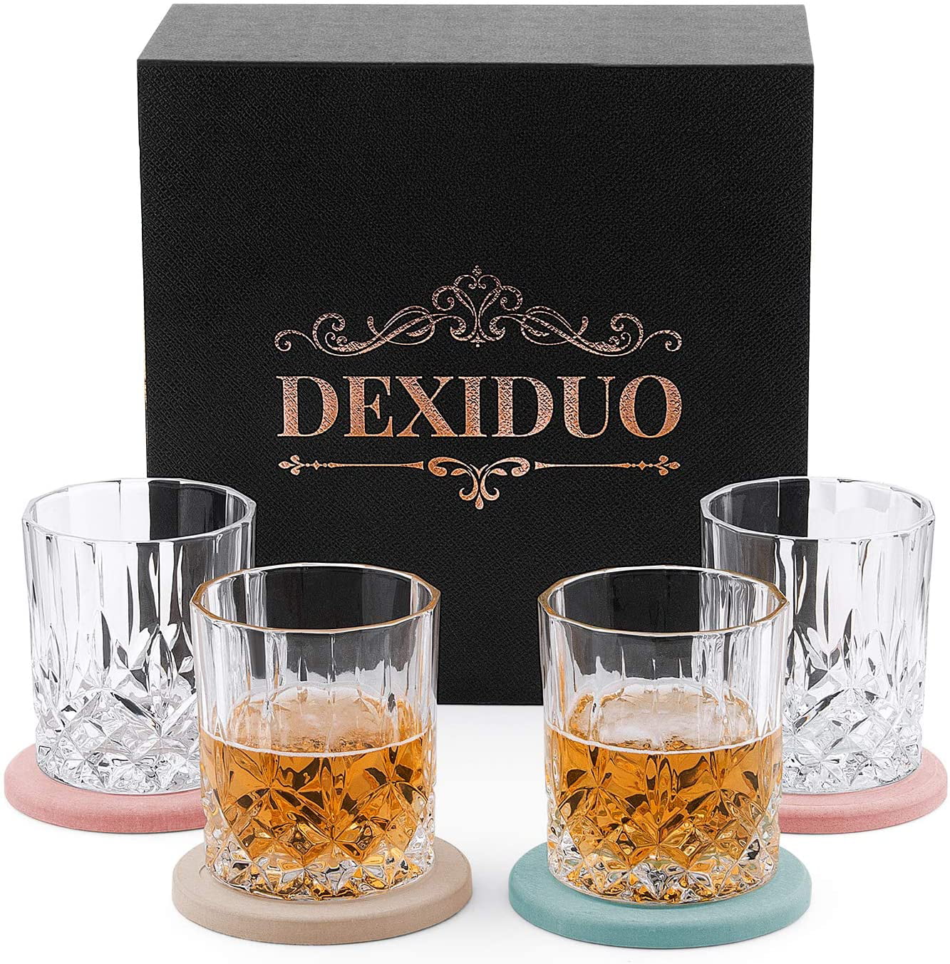 Cocktails glass set of 4 Whiskey Decanter Set for Bourbon DEXIDUO Crystal Whiskey Glasses with Luxury Box and 4 Drink Coasters Scotch Whisky Cognac Old Fashioned Cocktail Tumblers 