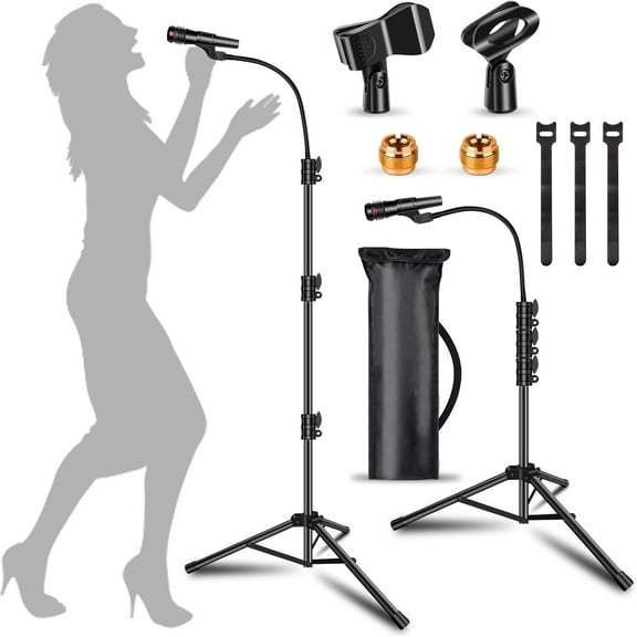 Genreen Tripod Mic Stand Adjustable Universal Floor Standing Detachable Mike Stand with Mic Clips,Karaoke Mic Holder for Singing  for Adults Kids(Black)