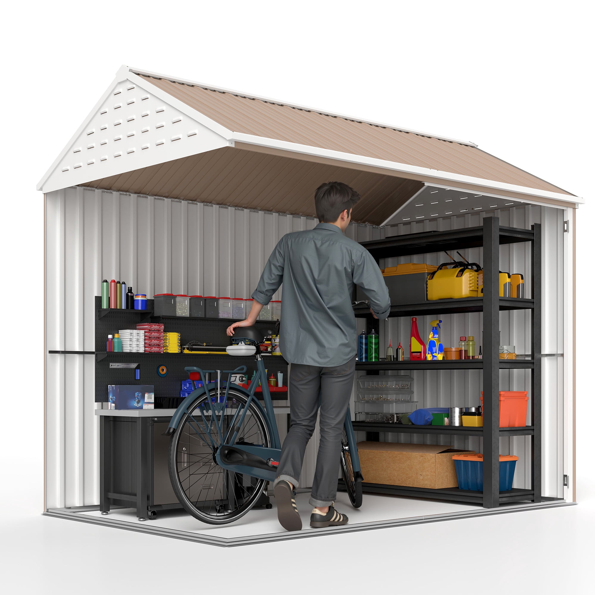 Outsunny 8' x 6' Outdoor Storage Shed, Extra Large Metal Garden Shed with Lockable Doors, Cottage Style 4-Pane Window & Vents, Brown