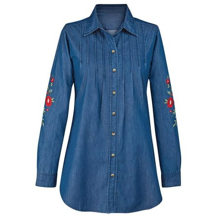 women's floral embroidered denim button down shirt, long sleeves with collar, large,