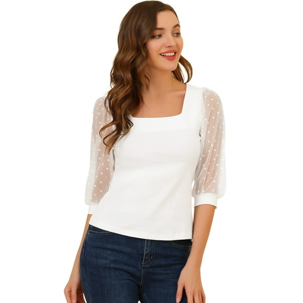 Blusa Vintage Allegra K con Cuello Cuadrado para mujer semitransparente con Mangas Abullonadas de malla 3/4 Blanco XL