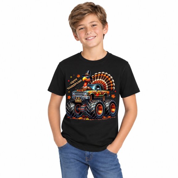 Boys' Thanksgiving Monster Truck Turkey Fall T-Shirt, 100% Cotton