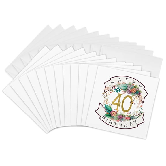 3drose, Colorful Floral Wreath Happy 40th Birthday, 12 Greeting Cards with Envelopes