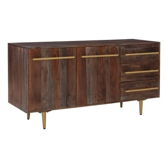 Linon Aurora Acacia Wood Console with Shelves Drawers and Gold Accents in Brown