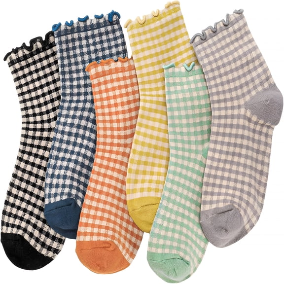 TELOLY Women Ruffle Striped Frilly Socks,6/10 Pairs Checkered Ankle Sock for Women,Cotton Casual Crew Socks Size 5-9
