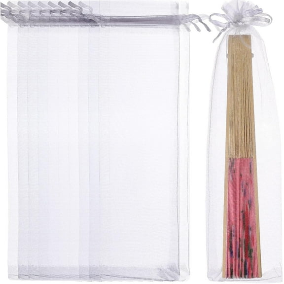 ABCISI 100 Pcs Sheer Organza Fan Bags, 10x2.3 inch Drawstring Folding Paper Hand Fan Bags, Silk Mesh Candy Jewelry Gift Pouches for Christmas, Party Wedding Favor Bags for Guests