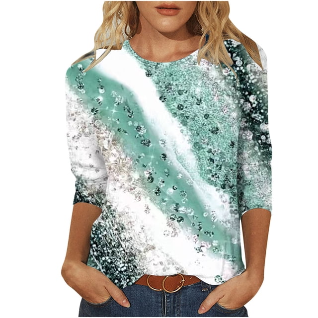 Birdeem Womens Fashion 3/4 Sleeve Round Neck Printed Loose Tops Blouse