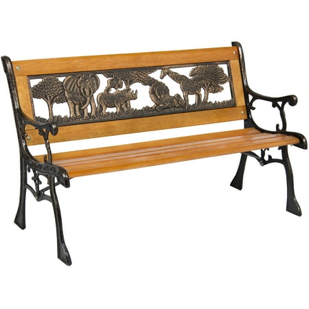 Stone Yard Outdoor Furniture Best Choice Products Kids Mini Sized Outdoor Park Bench Decoration Accent for Patio, Porch, Yard w/ Safari Animal Accents - Brown ()