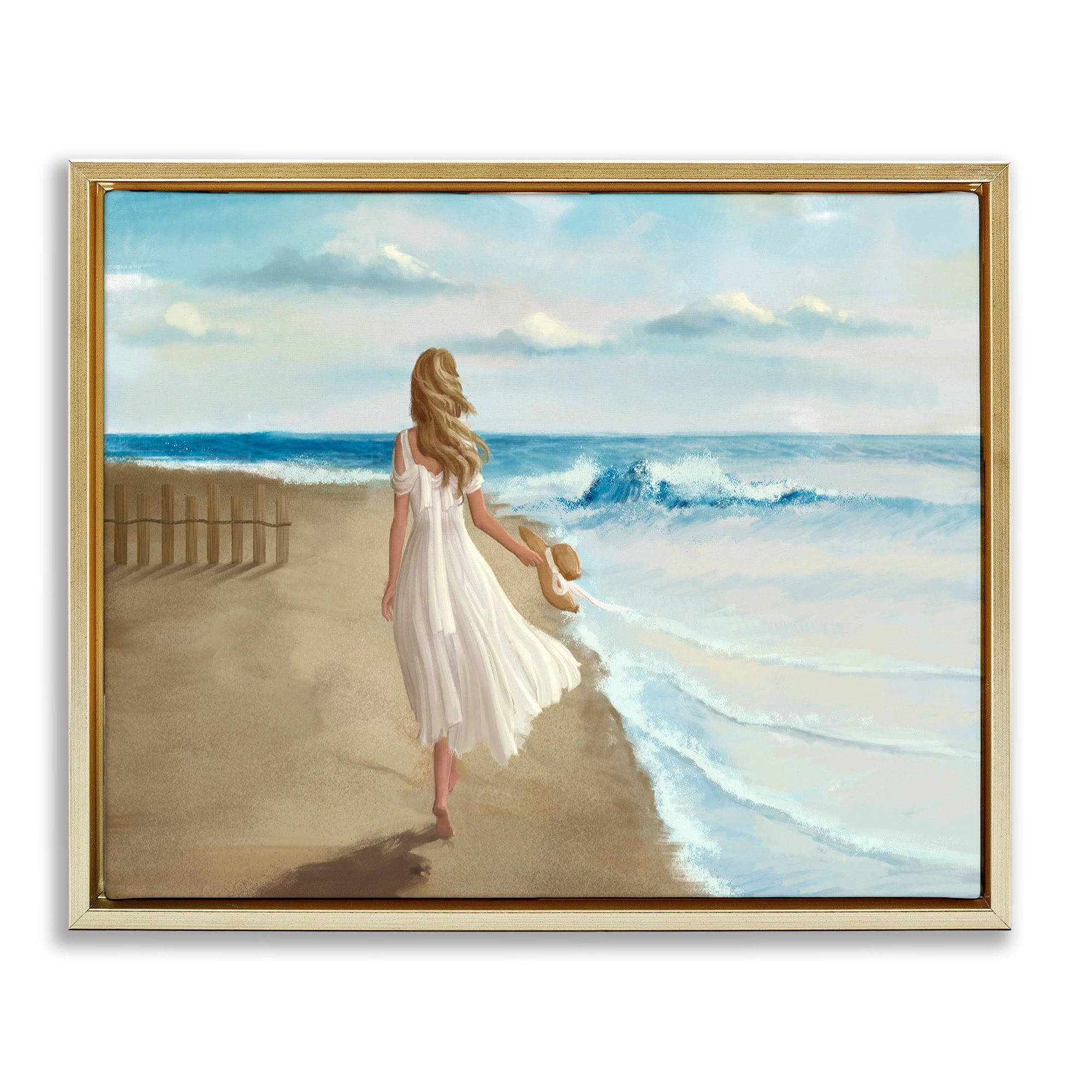 Stupell Industries Walk On The Beach Blue Ocean Painting Metallic Gold Framed Floating Canvas Wall Art, 24x30, by Ziwei Li