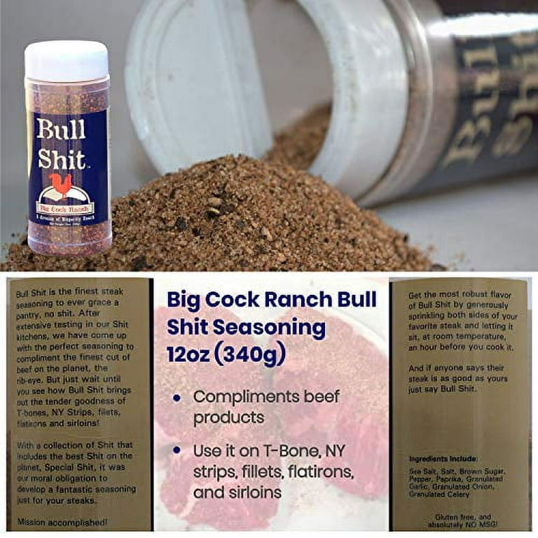 Big Cock Ranch Gourmet Seasoning Bundle — All-Purpose Special Shit 13oz,  Bull Shit for Steak 12oz, Good Shit Sweet N' Salty 11oz and Chicken Shit  12oz — Gluten-Free and No MSG 