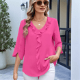 thumbnail image 3 of Blusas Informales Elegantes para Mujer, con Mangas 3/4, Cuello en V y Volantes, Color Rosa y Rojo, Talla S, 3 of 5