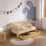 Pine Toddler Bed with Safety Side Rails & Bottom Drawer, Timeless Design for Nursery/Kids Bedroom