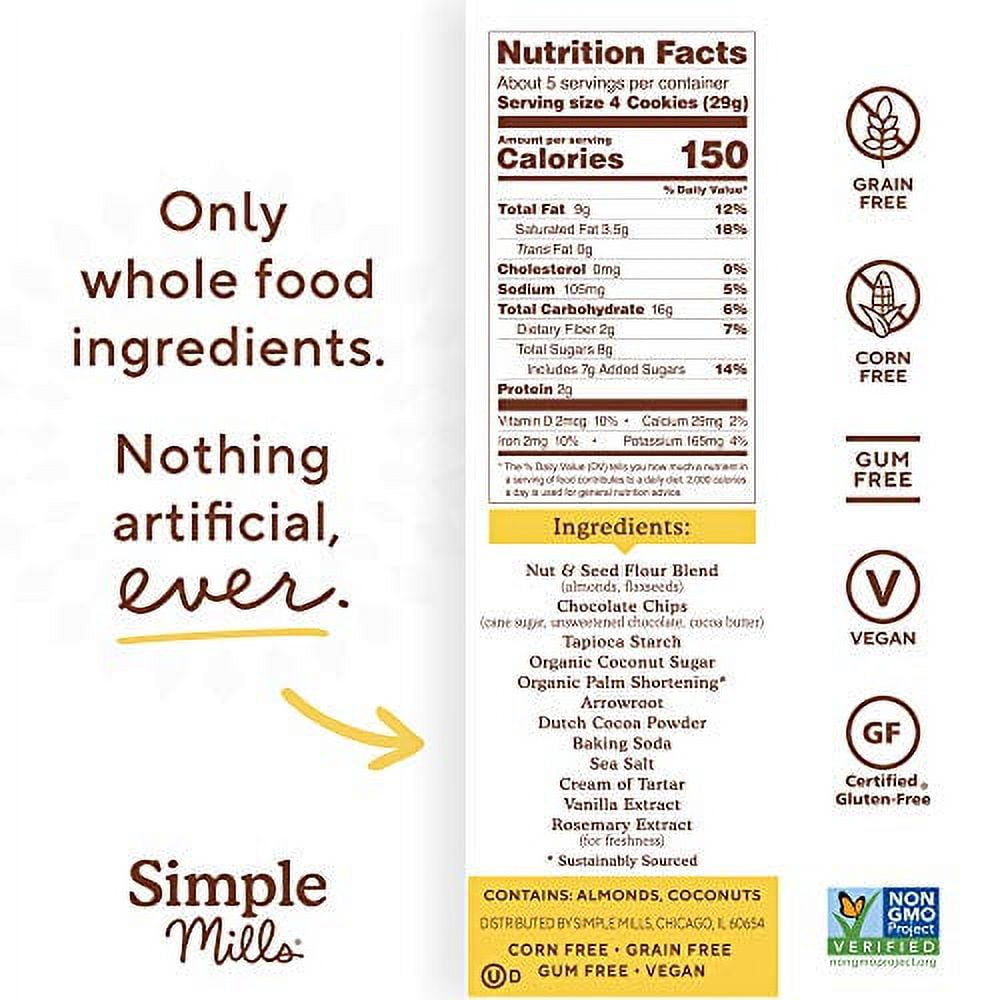 Simple Mills Almond Flour Crunchy Cookies, Double Chocolate Chip - Gluten Free, Vegan, Healthy Snacks, Made with Organic Coconut Oil, 5.5 Ounce (Pack of 3)
