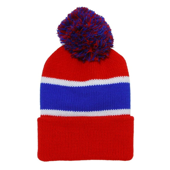 Winter Striped Beanie with Pom - Red/Blue