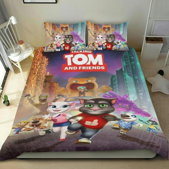 Talking Tom Themed Bed Sheet Set Three Piece Set 53x79 In ches Comfortable And Skin Friendly Unique Design Creating A Star Gifts For Family Friends fans