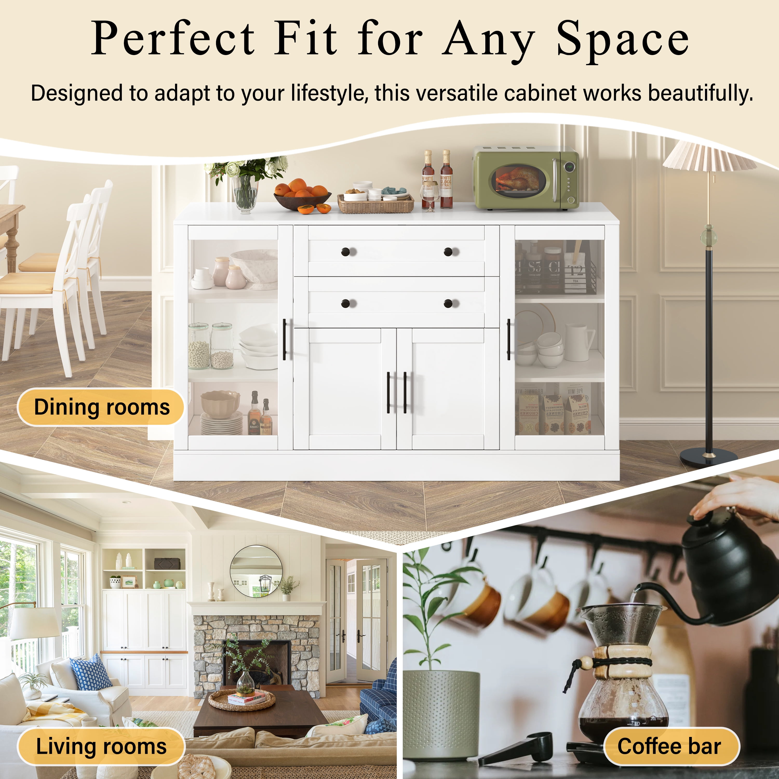 Mintazer 58" Modern Acrylic Sideboard Buffet Cabinet with Power Outlet & Adjustable Shelves, Storage Cabinet with 4 Doors & 2 Drawers for Dining Room Living Room Kitchen, White