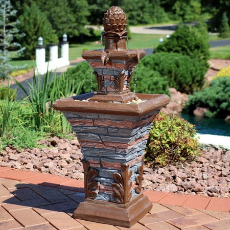 Sunnydaze Square 2-Tier Outdoor Water Fountain With LED Rope Light and Stacked Stone Design, 33-Inch