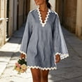 thumbnail image 2 of XuJwPNcy Womens Summer Dresses Long Sleeve Ruffle Hem Mini Dress V Neck Striped Loose Dresses Fashion Casual Outfits, 2 of 7
