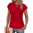 thumbnail image 2 of Womens Summer Tops Ruched Cap Short Sleeve Tshirts Shirts Crew Neck T Shirts Fashion Red XXL, 2 of 7