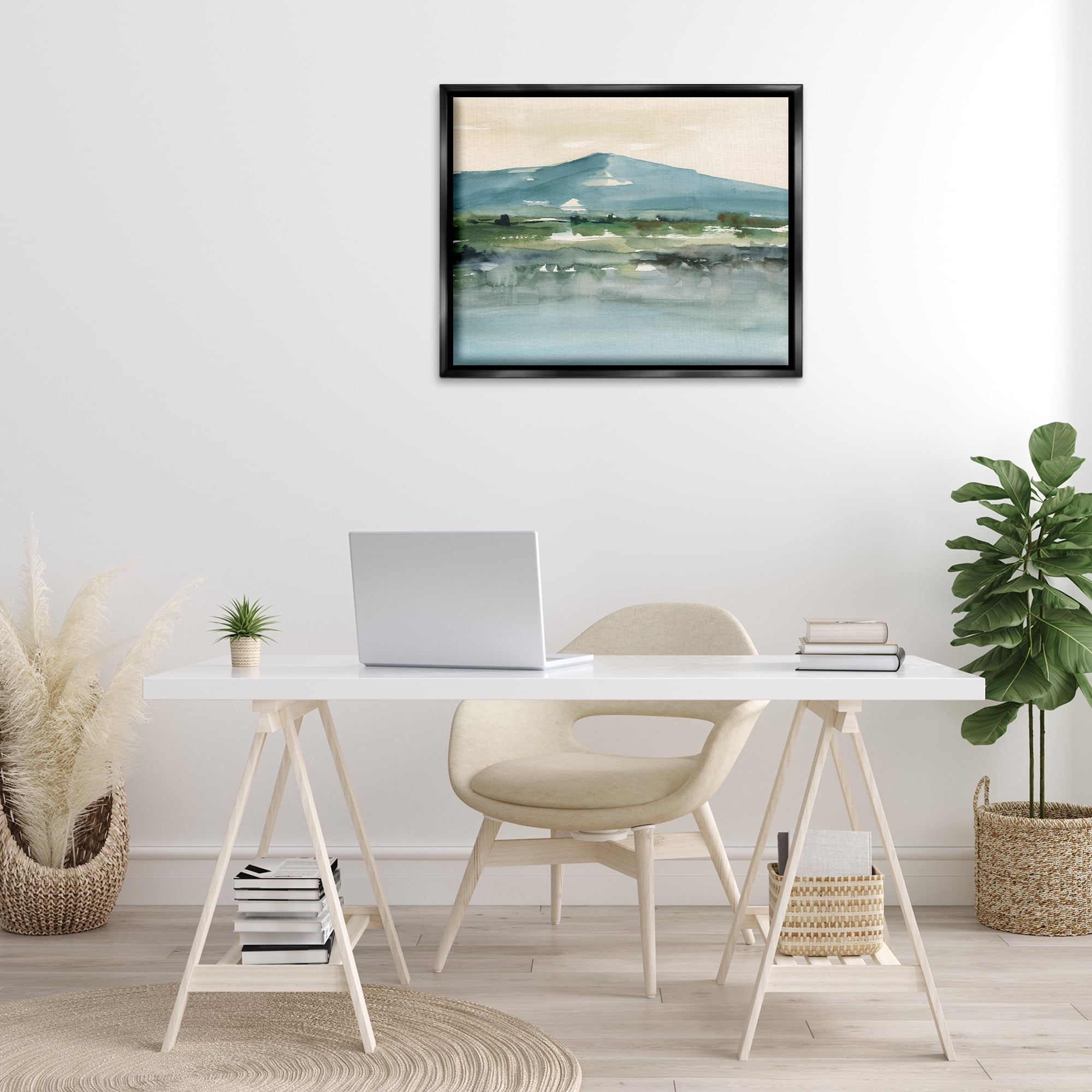 Stupell Industries Blue Mountain Watercolor Landscape & Nature Painting Black Floater Framed Canvas Art Print Wall Art, 31 x 25