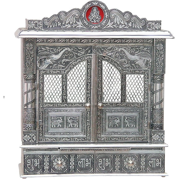 Pooja Bazar Silver Mandir for Home - White Oxidized - with Door, Medium (W 10 X L 22 X H 25)