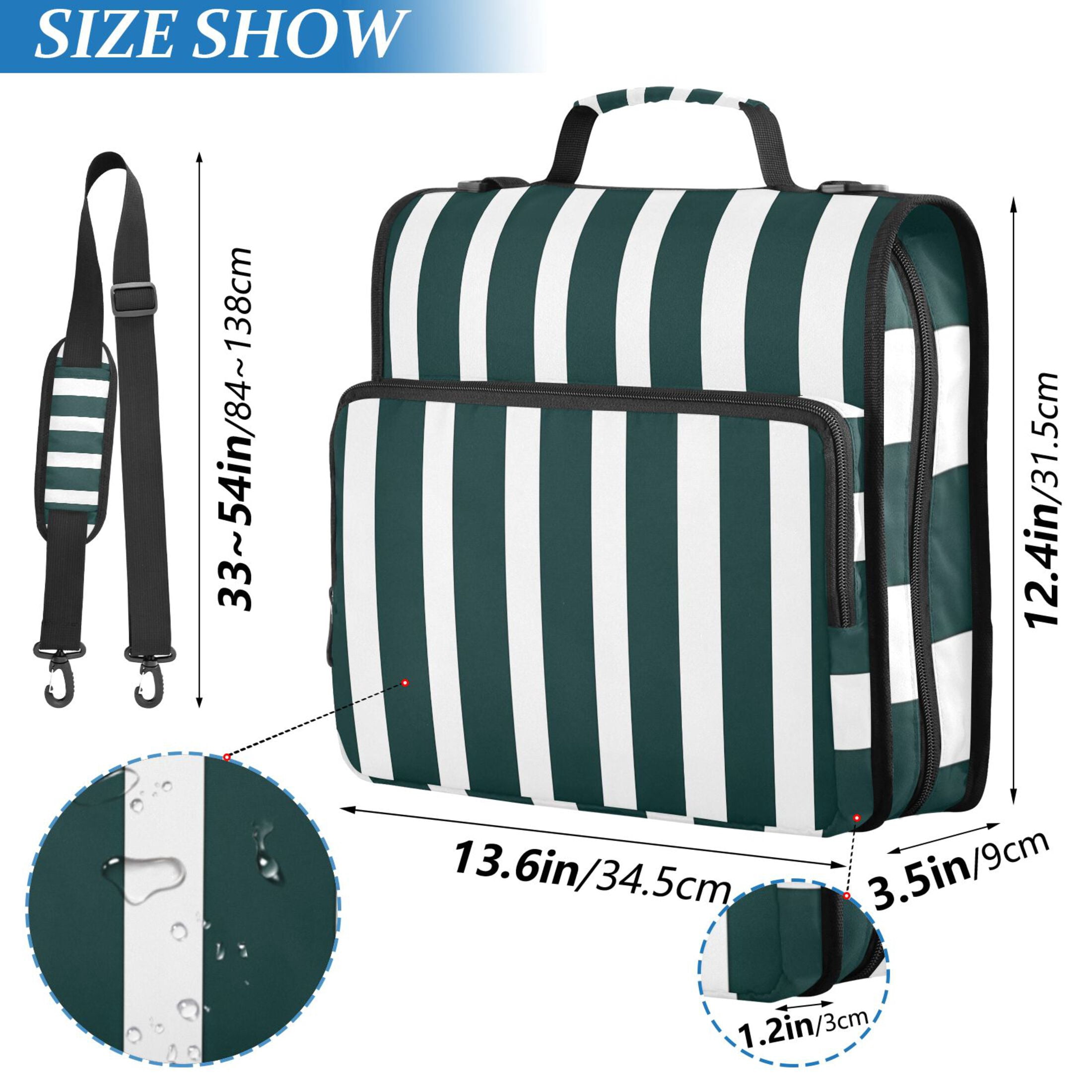 3 Ring Zipper Binder with Shoulder Strap Waterproof Trapper Keeper 2 Inch D-Ring 500 Sheets Capacity Dark Green and White Striped