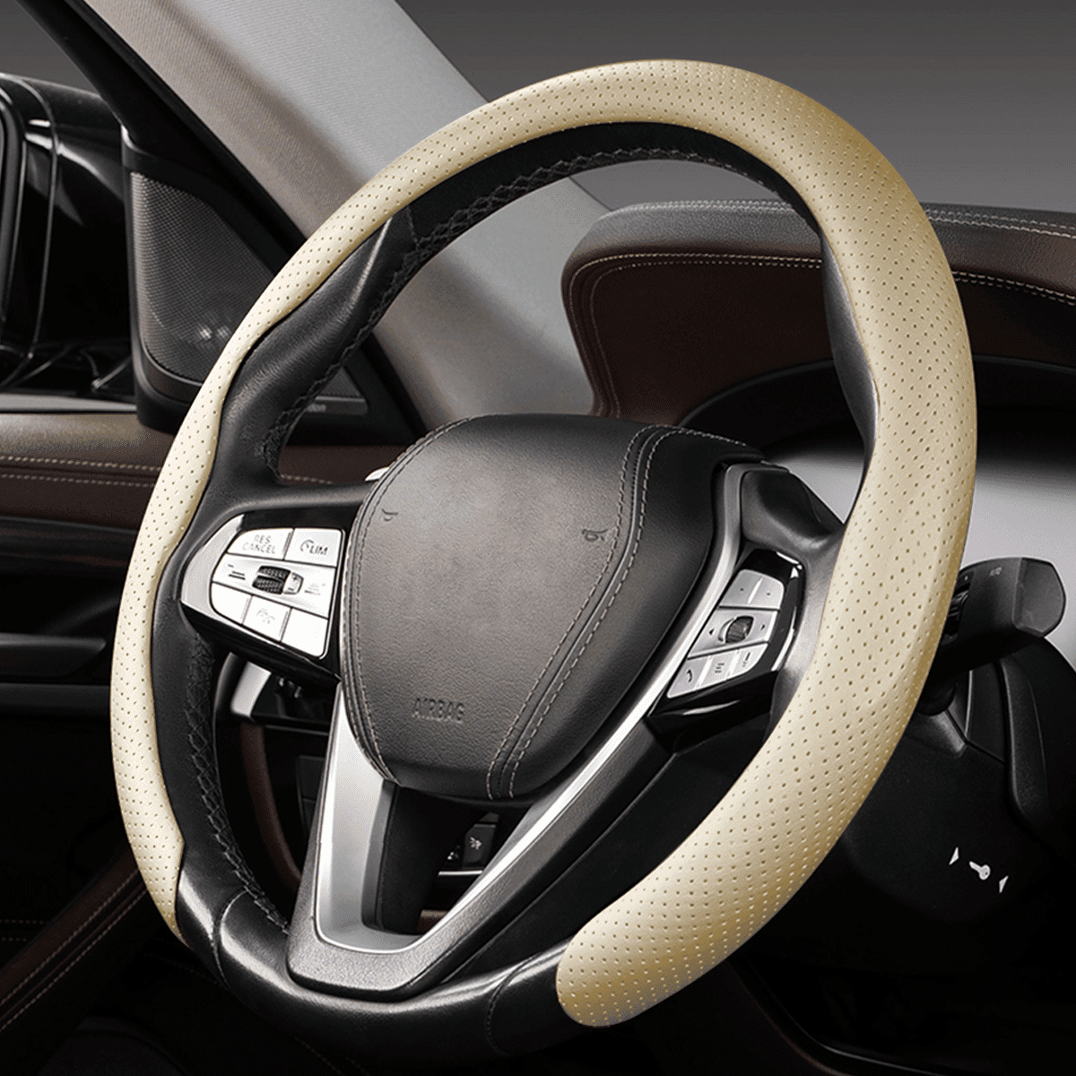 Car Steering Wheel Cover Nappa Leather Non-Slip Clip on Breathable Quick Install Universal fit 14½ to 15 inches Car Pickup SUV