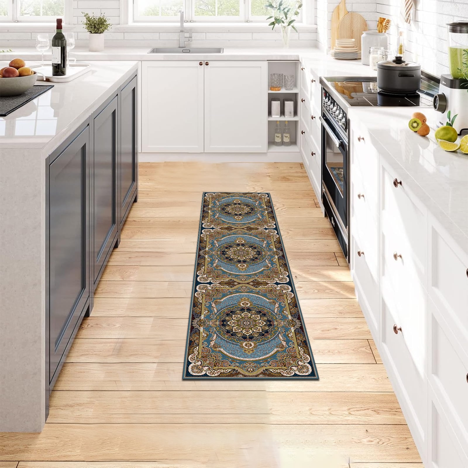 Mitzzllc 2'x8' Non Slip Vintage Runner Rugs, Machine Washable Long Floor Carpet for Entryway, Blue and Black