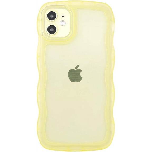 Compatible with iPhone 12 Case 6.1" 2020, Cute Kawaii Curly Wave Frame Shape Soft Silicone Shockproof Protective Phone Cover for Women Girls, Clear/Yellow
