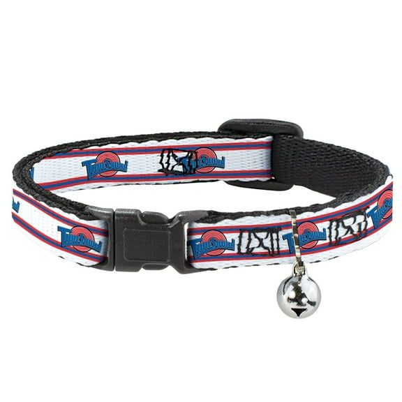 Looney Tunes Breakaway Cat Collar With Bell, Plastic Clip, Easy Adjustable, Space Jam Tune Squad Logo Stripe White Red Blue, 8.5 to 12 Inches 0.5 Inch Wide