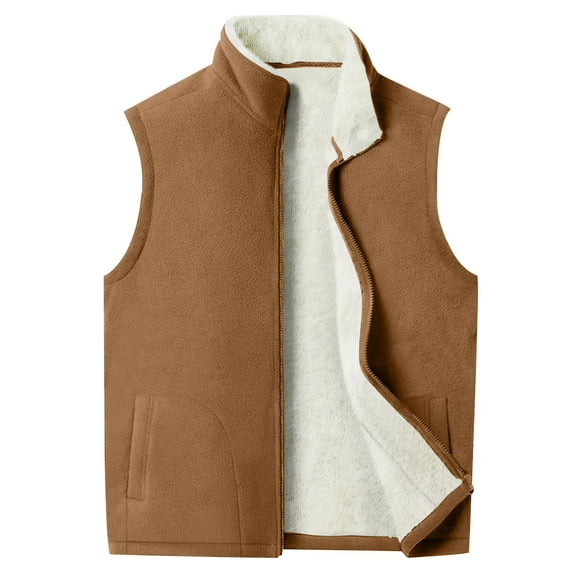 XUNKUSGA Fleece Vest Zip Up Lightweight Sleeveless Jacket Men Warm Winter Thickened Vest for Men Casual Solid Color Soft Golf Vests for Men with Pockets S-2XL Brown