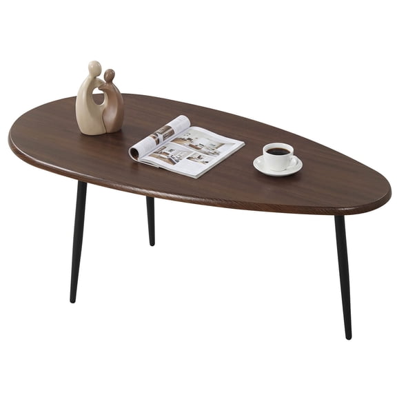 Costway Oval Coffee Table with Sturdy Metal Construction & Compact Design, Retro Sofa Table Walnut
