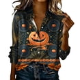 thumbnail image 2 of Women's Halloween Shirts Long Sleeve Button Down Blouses Pumpkin Spiderweb Graphic Print Tops V Neck Collared Casual Novelty Fall Holiday Party Apparel, 2 of 5
