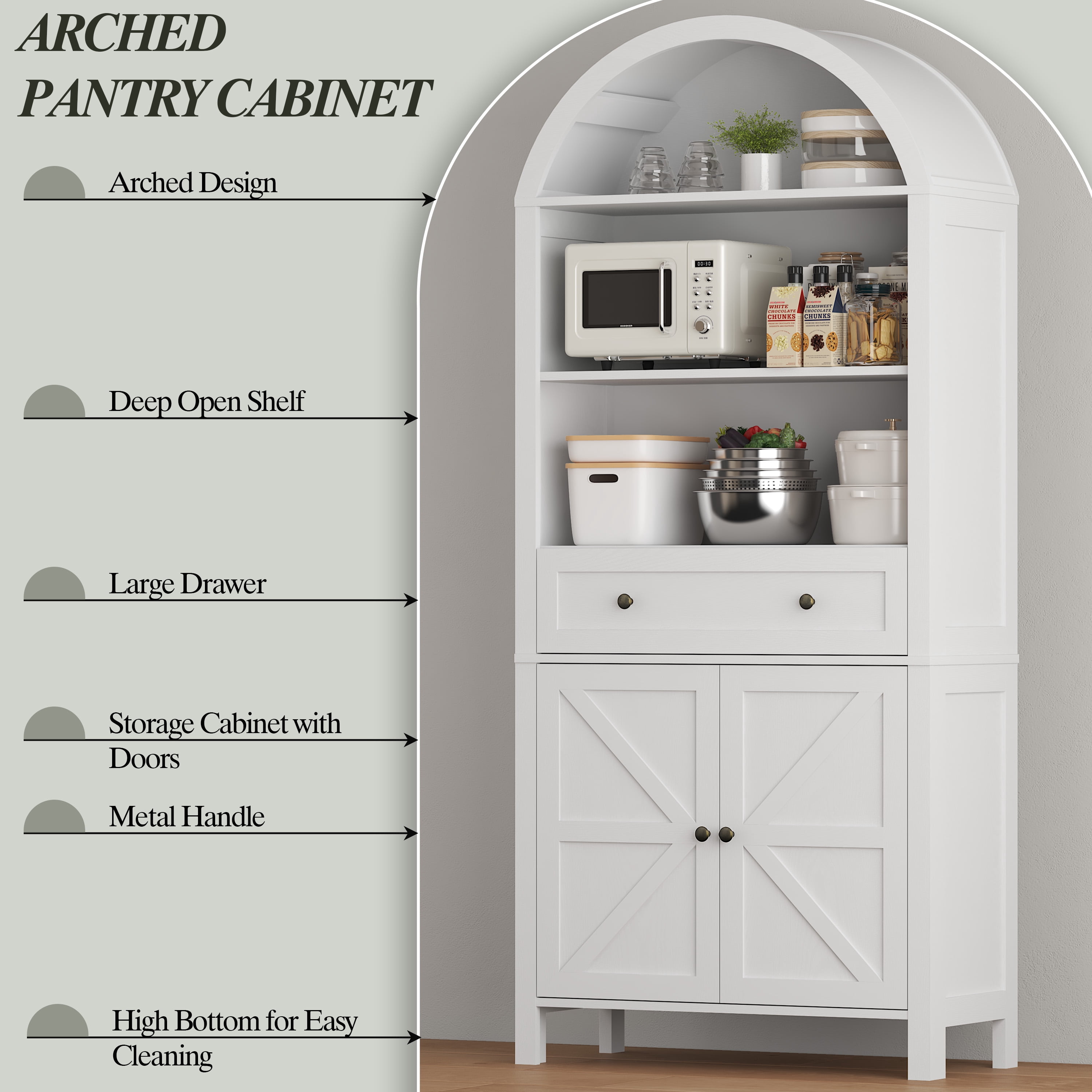 Arched Cabinet with Doors, 71" Tall Freestanding Pantry Cabinet with Large Drawer and 3 Tier Open Shelves, Farmhouse Wood Storage Cabinets, Versatile Cupboard for Kitchen and Dining Room, White