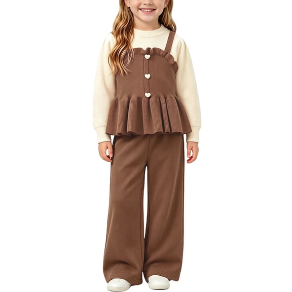 LvhaoGJOB Little Kids Girls Top and Pants Outfit Set, Khaki - ruffled neckline, peplum waist ruffle