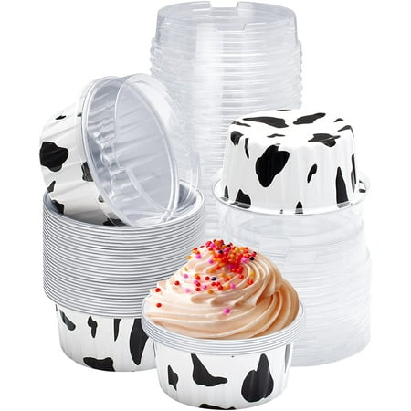 Cupcake Liners with Lids, 30pcs 5 oz Aluminum Foil Baking Cups, White Black, Disposable Foil Ramekins, Muffin Liners, Dessert Cups, Cupcake Holders Pans, Mini Foil Pans with Lids